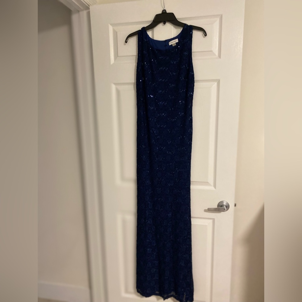 Calvin Klein women’s evening gown, navy blue sequined lace, size 10, never worn